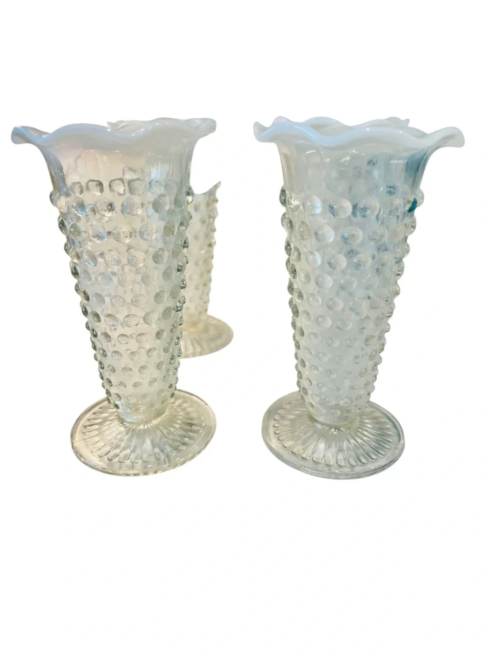 Vintage Anchor Hocking Moonstone Opalescent Hobnail Bud Vases Set of 4 Ruffled 5